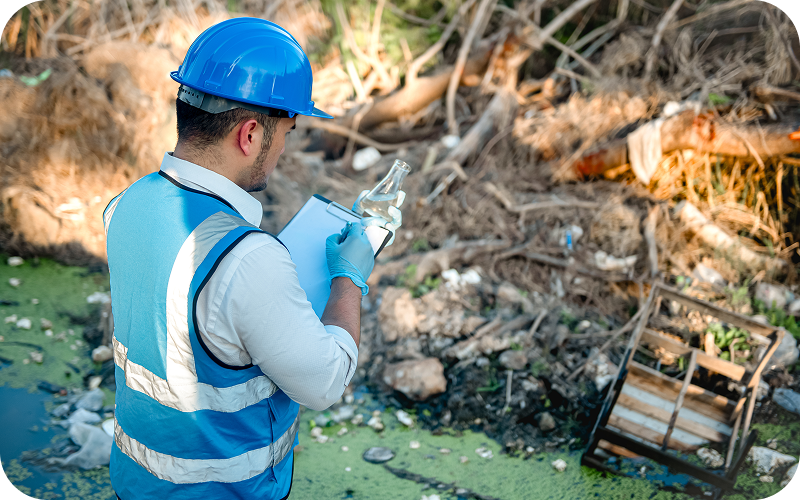 Man testing water near polluted area.