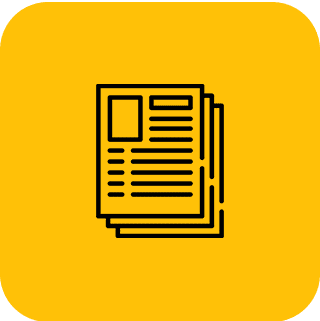 Stack of newspapers icon on a yellow background.